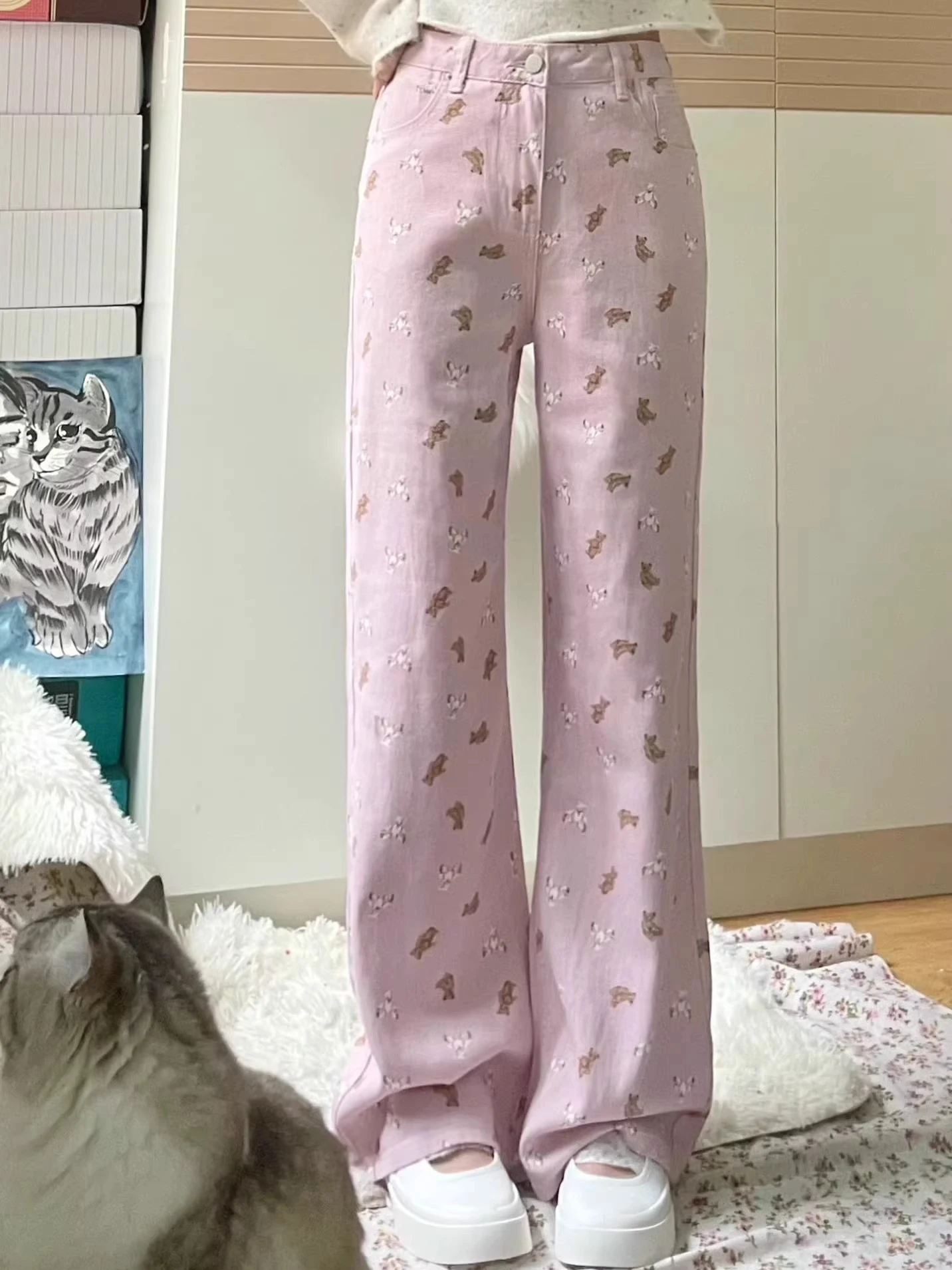 

Summer Thin Bear Print Denim Pants Women Loose Straight Leg High Waist Wide Leg Trousers plus Size Pink Slimming Effect