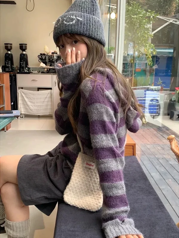 

Корейская полосатая толстовка большого размера для женщин, осенне-зимняя, облегающая, трикотажная, приятная к телу, дышащая