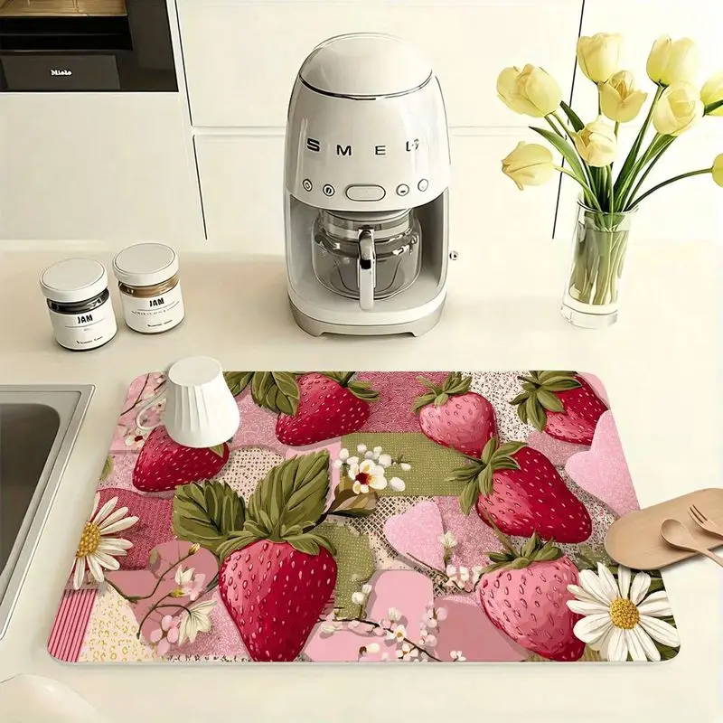 VIKAMA Strawberry Daisy Floral Drainage Mat—Absorbent, Non-Slip Coffee Maker Mat, Kitchen Countertop Mat, and Table Decor