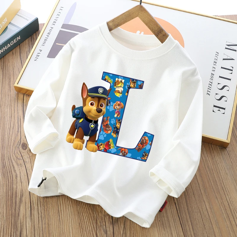 New Paw Patrol Kids Long-sleeved T-shirts Cartoon Letter A-Z Printed Tops Boys Girls Cotton T-shirt Autumn Children's Clothing