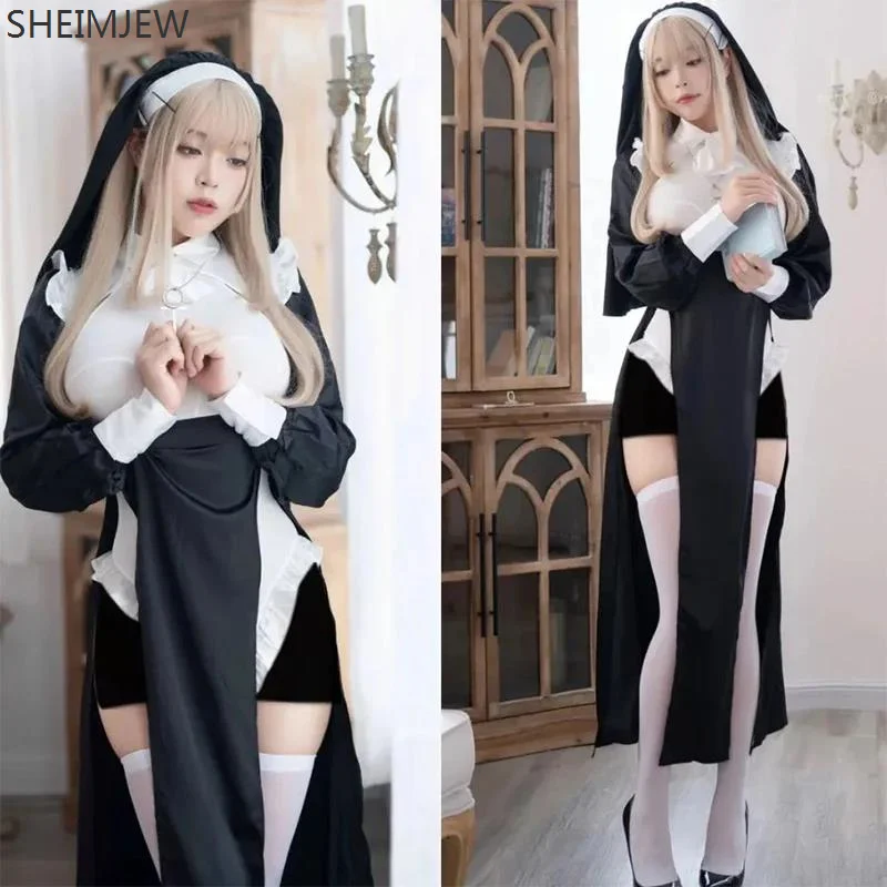 

2024 Sexy Nun Cosplay Costume Adult Nun Dress Black Fancy Cosplay Dress Up Women Fancy Dress Halloween Party Roleplay Outfit