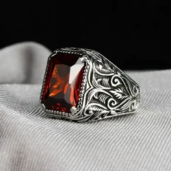 New Vintage Handmade Turkish Signet Ring for Men Women Ancient Silver Color Carved Ring Red Yellow Zircon Inlay Punk Motor Biker