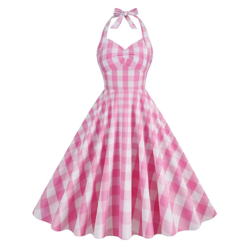 

Pink Plaid Dress Vintage Pink Plaid Swing Dress with Lace-up Bowknot Halter Hidden Zipper 1950s Inspired High Waist for Women