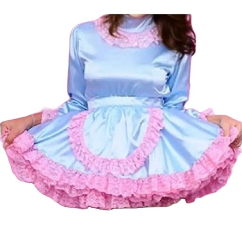 Sexy Girl Blue Satin Pink Lace Edge Sissy Adult Giant Baby Role Play Girl Makeup Ball Maid Lockable Customizable Multi Color