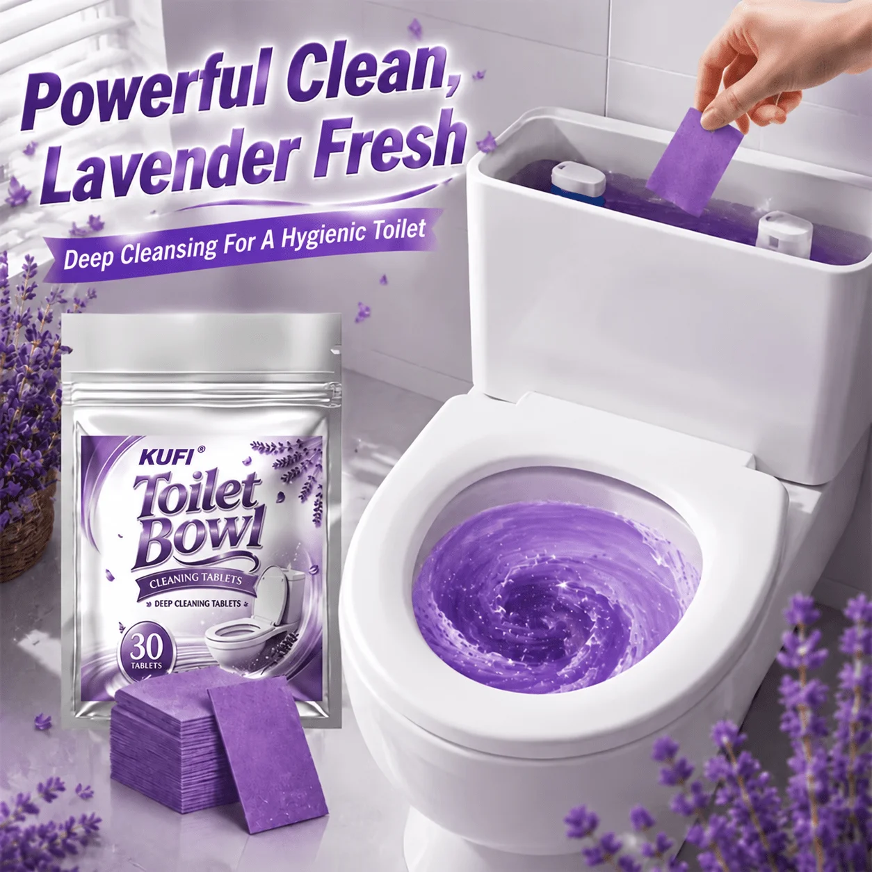 KUFI Toilet Bowl Cleaners 1 Bag 30pcs, Lavender Scented, Dissolve Urine Water Marks Black Scale, Restore Gloss Eliminate Odors