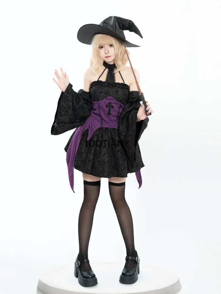 Halloween New Fashion Sexy Witch Cosplay Costume Women Black Halter Neck Dress Dance Performance Fancy Dress Sister Costume