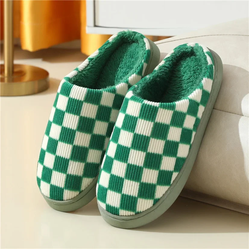 Plaid House Slipper Womens Winter Warm Home Kawaii Cartoon Plush Contton Indoor Funny Cute Fuzzy Floor Shoes Female Checkerboard