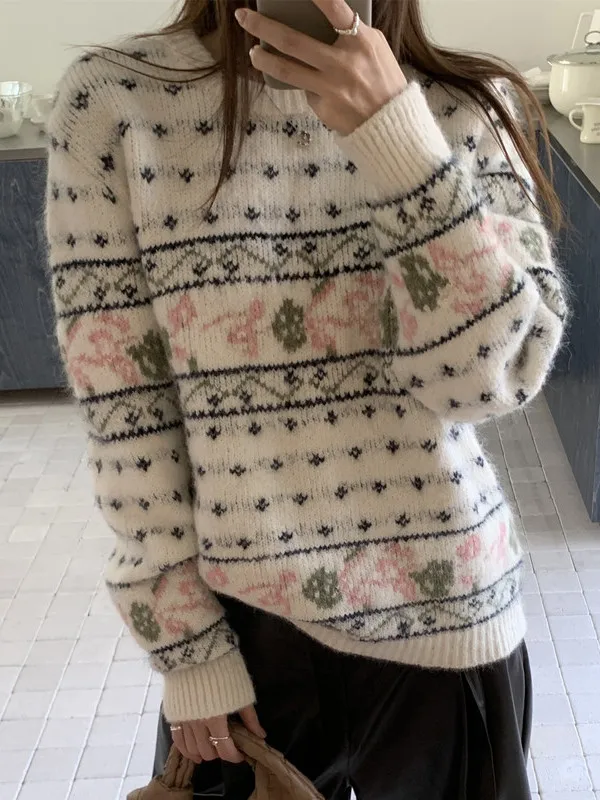 

Retro Soft Rose Flower Color Blo Knitted Sweater Women's Overhead Long Sve Winter Warm Knitwear round Ne Top