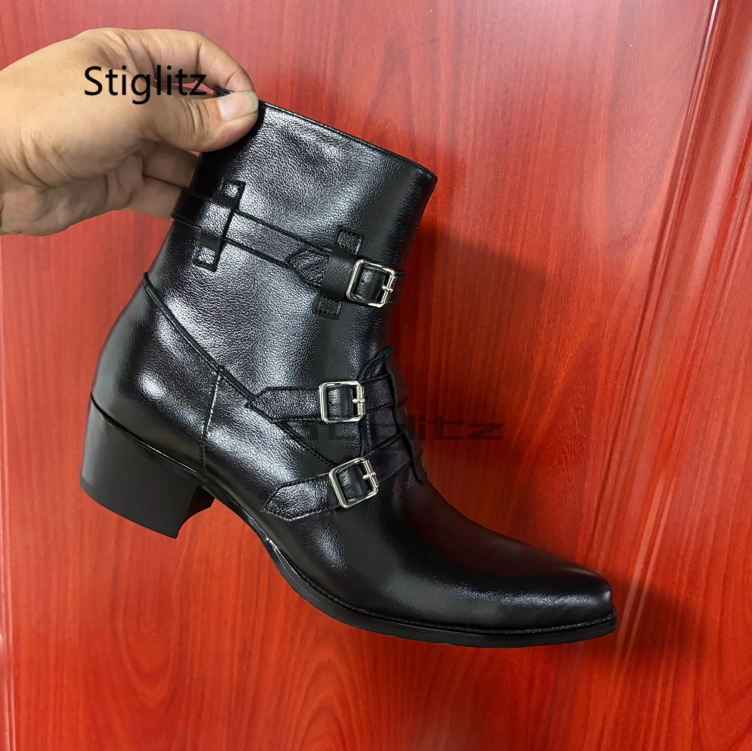 

Мужские ботинки челси из натуральной кожи с пряжкой, на высоком каблуке, с острым носком, на молнии сбоку, в западном стиле, деловые туфли