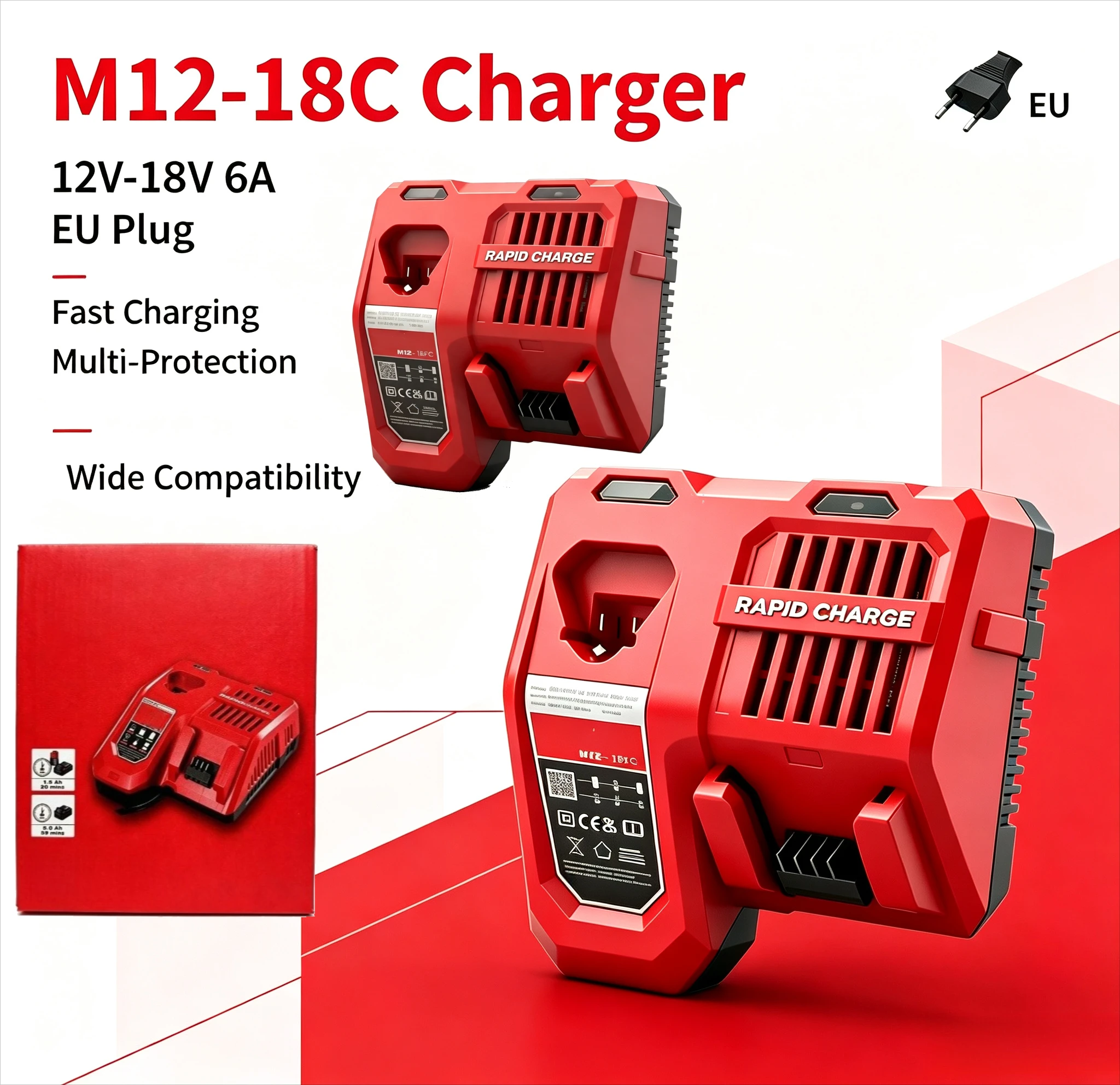FOR Milwaukee M12‑18FC Replacement Charger,12V‑18V Fast Battery Charger for M12 M18 Cordless Drill Impact Wrench Battery Charger