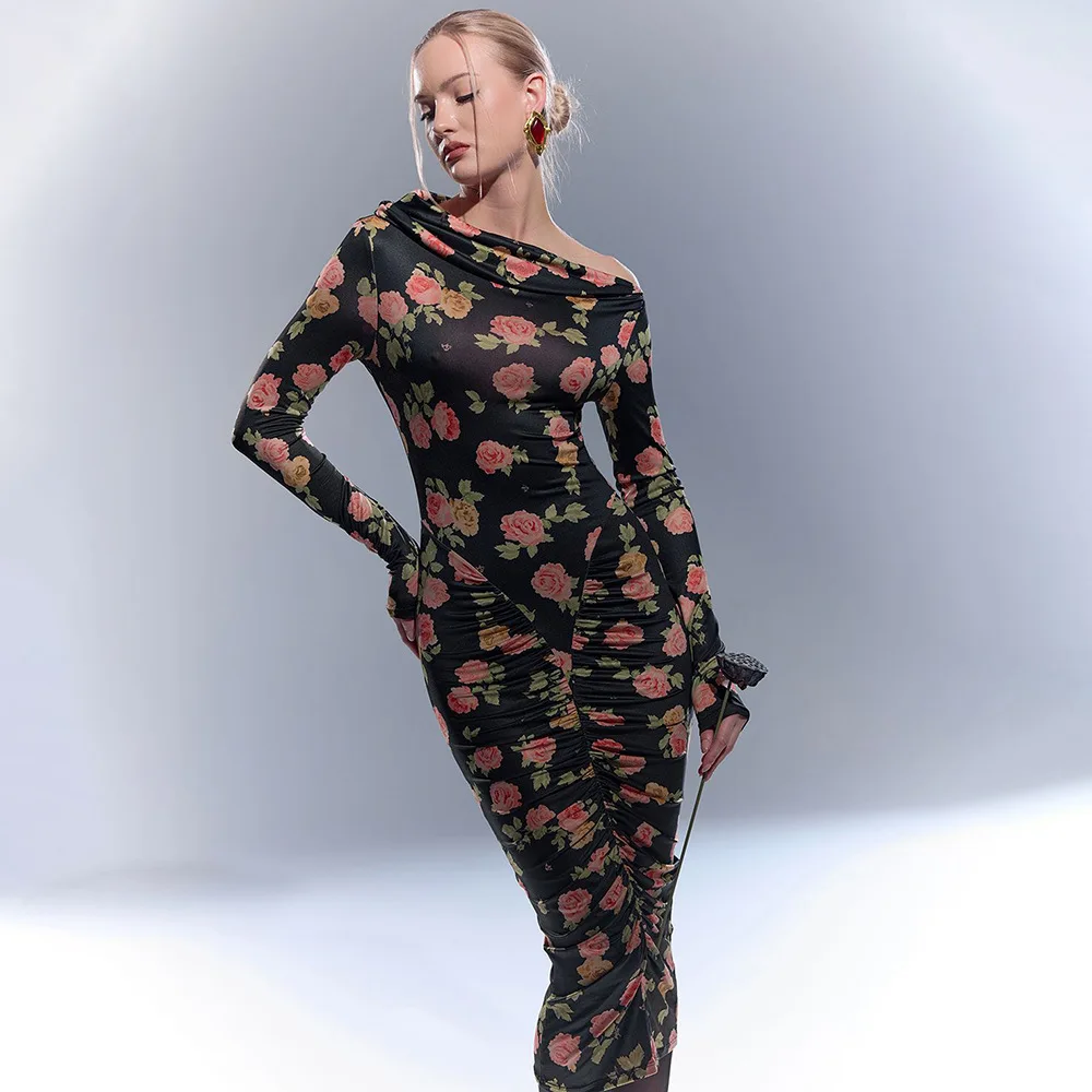 Absobe 여성 2025 가을 겨울 우아한 꽃무늬 프린트 긴 소매 슬림 맥시 드레스 섹시한 러치드 바디콘 이브닝 파티 패션 의상