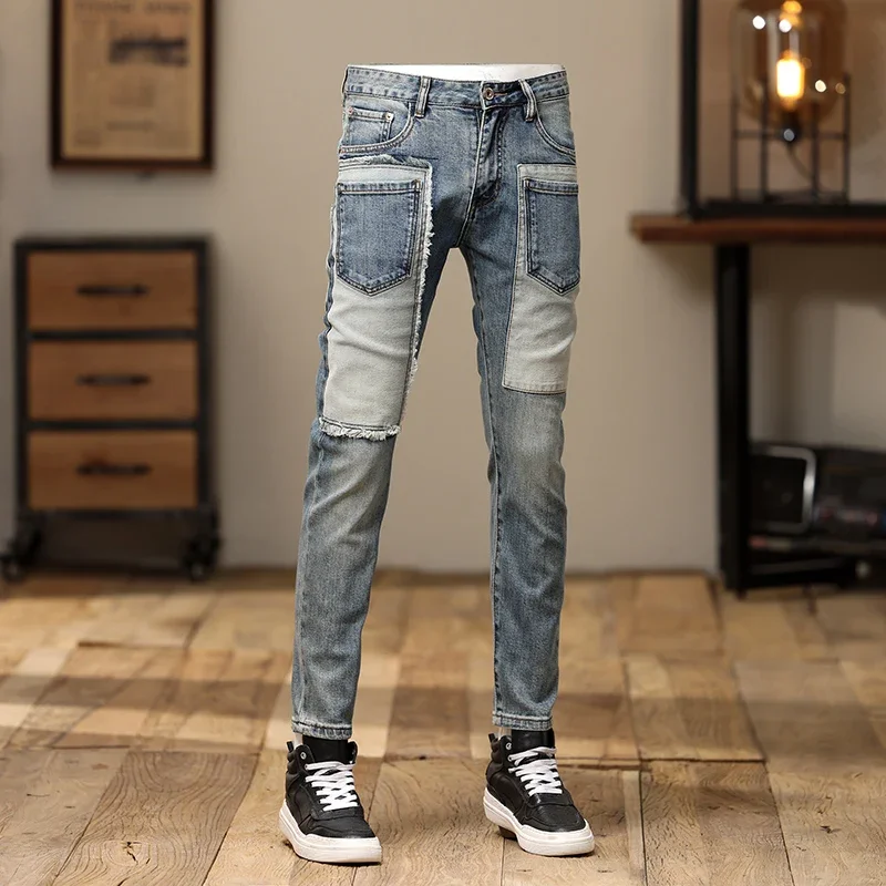 Street Fashion Men Jeans Retro Blue Stretch Skinny Fit Ripped Jeans Men Pocket Patched Designer Hip Hop Denim Pencil Pants Homme