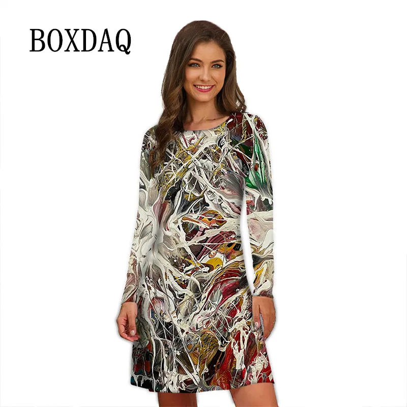 Oil Painting Dresses Women 2023 Vintage Abstract Art Print Long Sleeve Loose Dress Autumn Winter Casual Street Oversized Dress