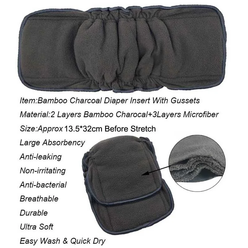 Bamboo Charcoal Reusable Diaper Insert Super Absorbent Washable Nappy Liner with Elastic Gusset for Child Pocket Diapers Nappies