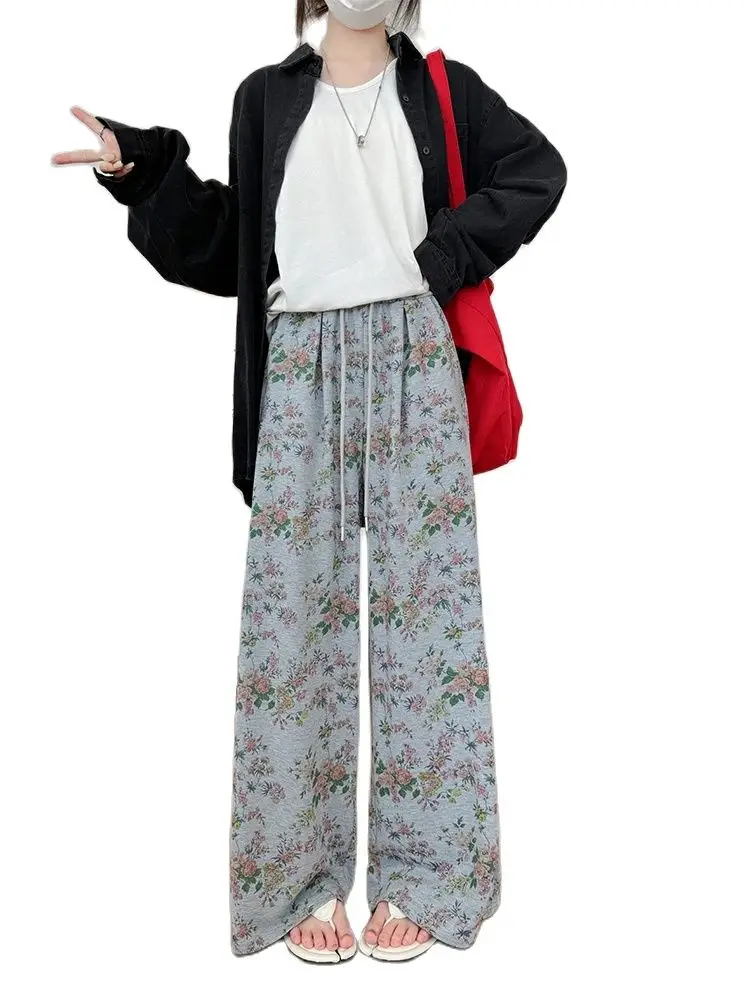 

Women's Grey Print Pants Baggy Streetwear Aesthetic Harajuku 2000s Y2k Sweatpants Elegant Vintage Trousers Fashion Clothes 2024