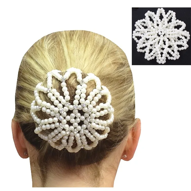 New 1pcs Hair Bun Cover Ballet Dancing Snood Net Handmade Crochet Pearl Elastic Hair Snood Hair Net Dancer Hair Bun Cover