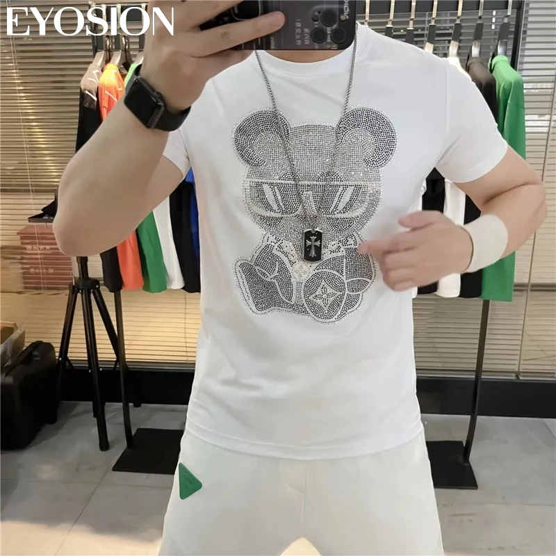 T-Shirt Men's New Summer Design Diamond Cartoon Bear Hot Drills Harajuku Sweatshirt Casual Cotton O-Neck Tops Short Sleeve Tee