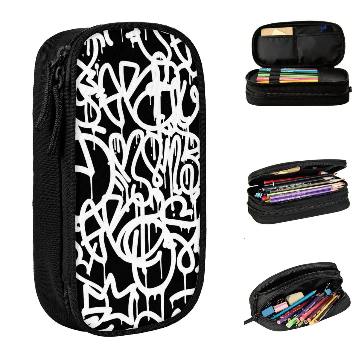 Black And White Graffiti Backpack Pencil Case Pencilcases Pen Box for Girl Boy Large Storage Bag Office Cosmetic Stationery