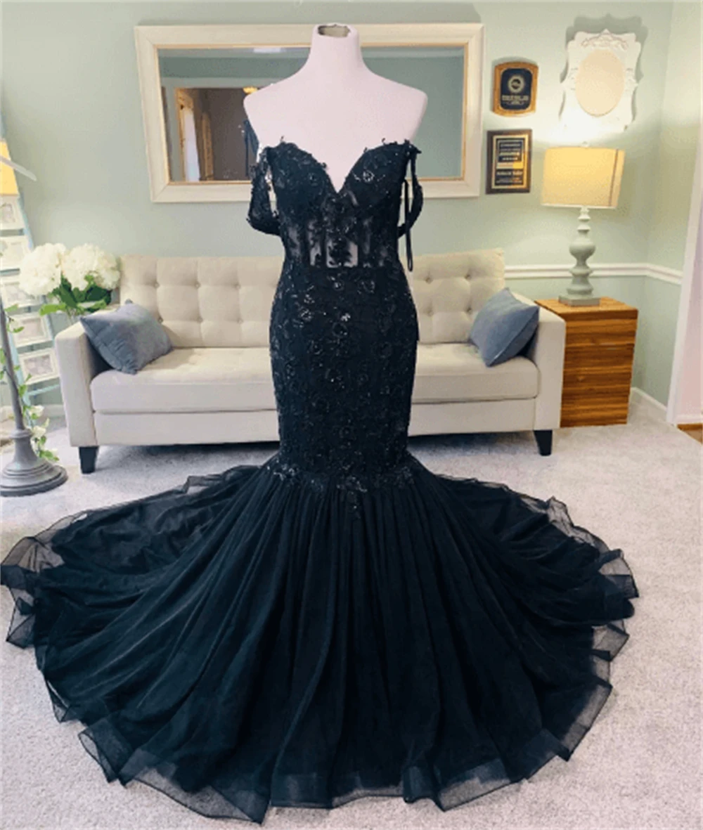 

Elegant Black Mermaid Prom Dresses Sexy See Through Applique Off Shoulder Lace Gothic Evening Party Gown Dresses Customized