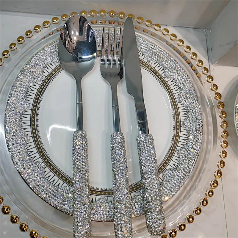 Luxury Diamond Cutlery Stainless Steel Fork Spoon Knife Gold Silver Silverware Tableware Home Kitchen Dinnerware Wedding Supply