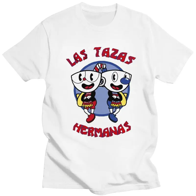 Custom Las Tazas Hermanas Cuphead T Shirt for Men Pure Cotton Tshirt Leisure Tees Short Sleeve Cartoon Game T-shirt Slim Fit