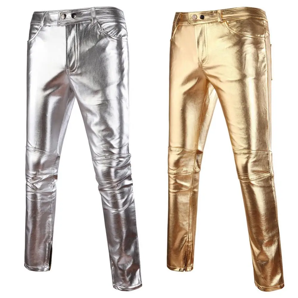 Pantalones de cuero PU para hombre, pantalón informal negro, Delgado, dorado brillante, plateado, motocicleta, club nocturno, escenario para cantantes y bailarines