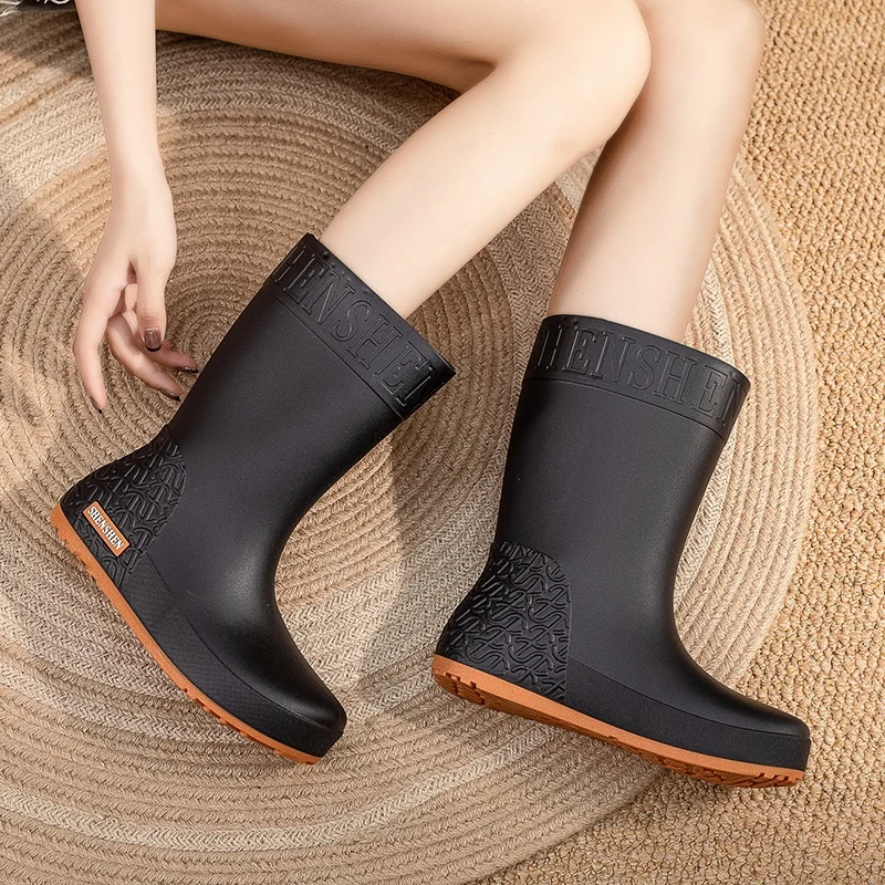 Rain Boots Ladies New Adult Fashion Mid-Calf Waterproof Non-Slip WearResistant Working Water-Proof Shoes Winter Cotton plus Warm