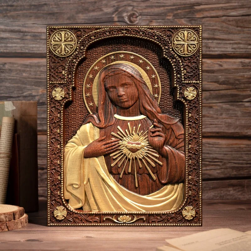 Escultura de madera de corazón sagrado de la Virgen María de la Iglesia religiosa, imagen de San Católico, regalo cristiano, decoración del hogar