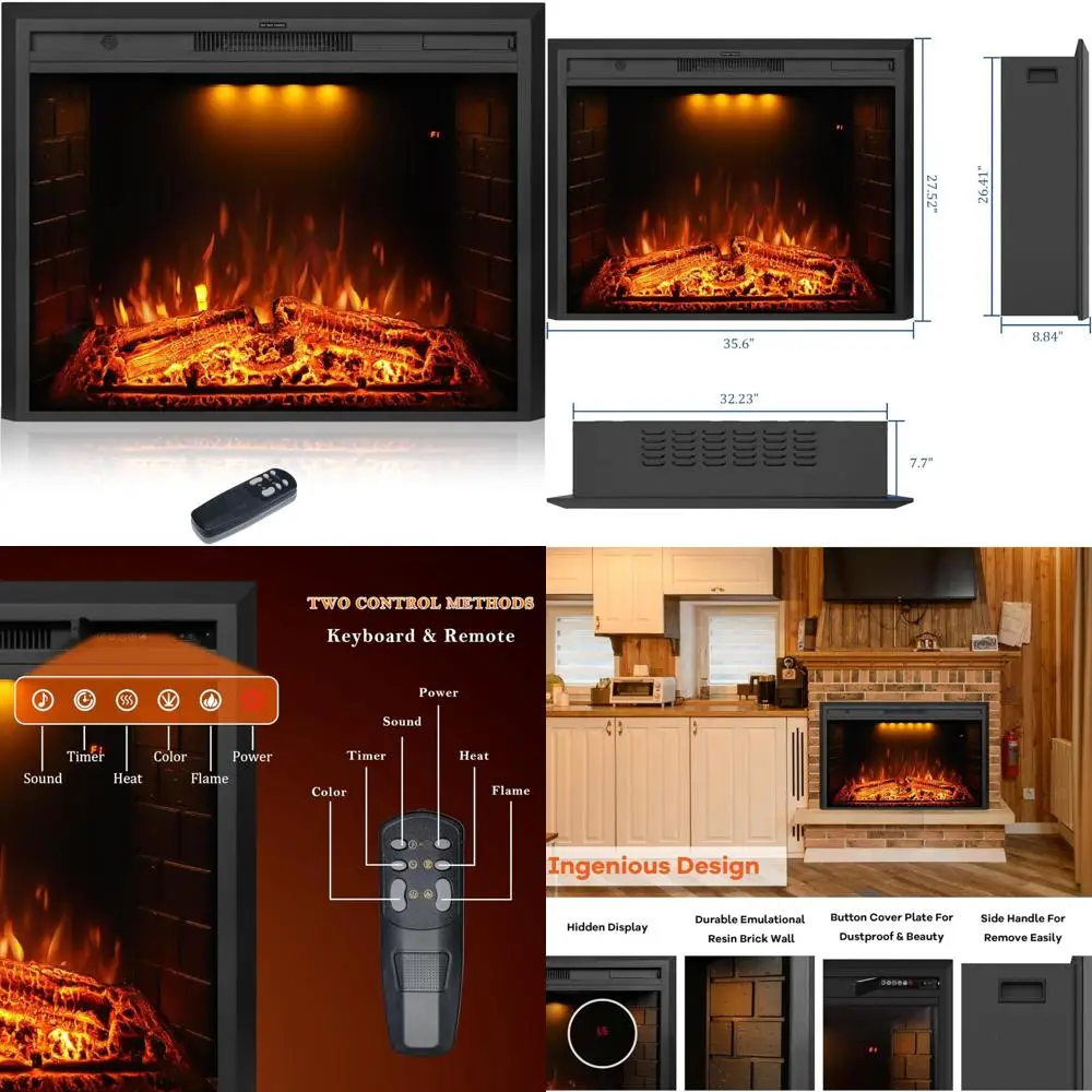 

36-Inch Wall-Mounted Electric Fireplace with Remote, Realistic Logs and Crackling Sound, Overheat Protection