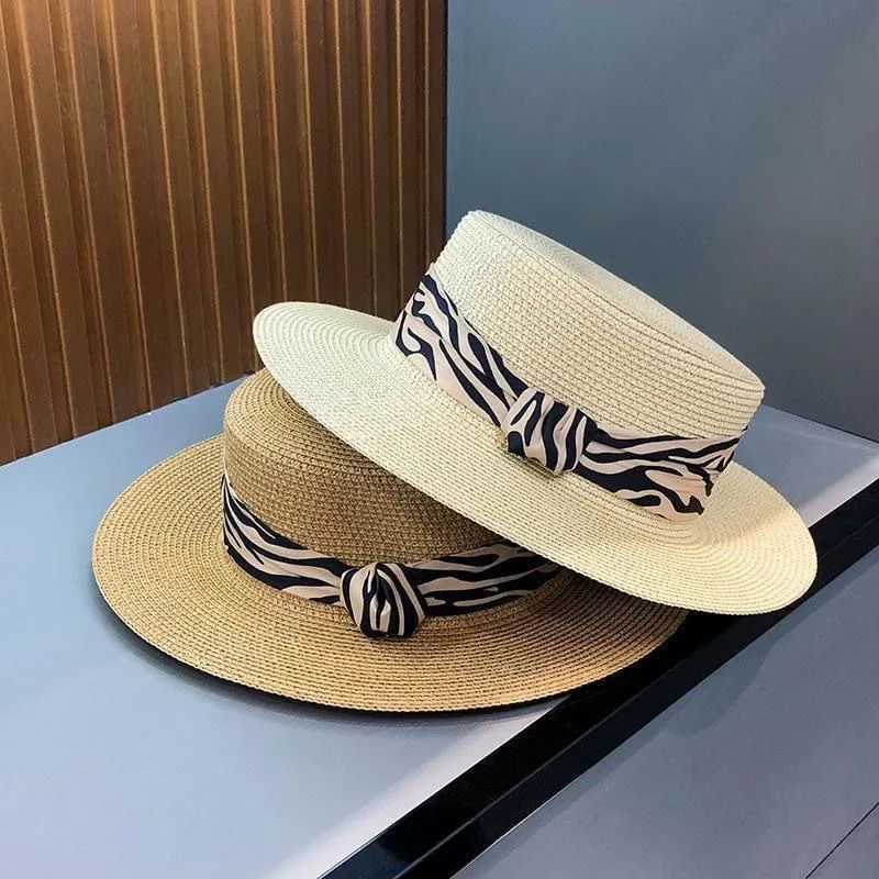 Women Flat Top Straw Hat Summer French Vintage Zebra Print Sun Cap Outdoor Vacation Beach Hat