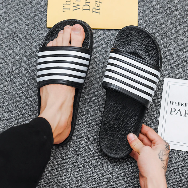 Men Women Striped Open Toe Slipper Indoor Bedroom Shoes Couple Casual Soft Anti-Slip Flip Flops Outdoor Walking Big Size Sandals