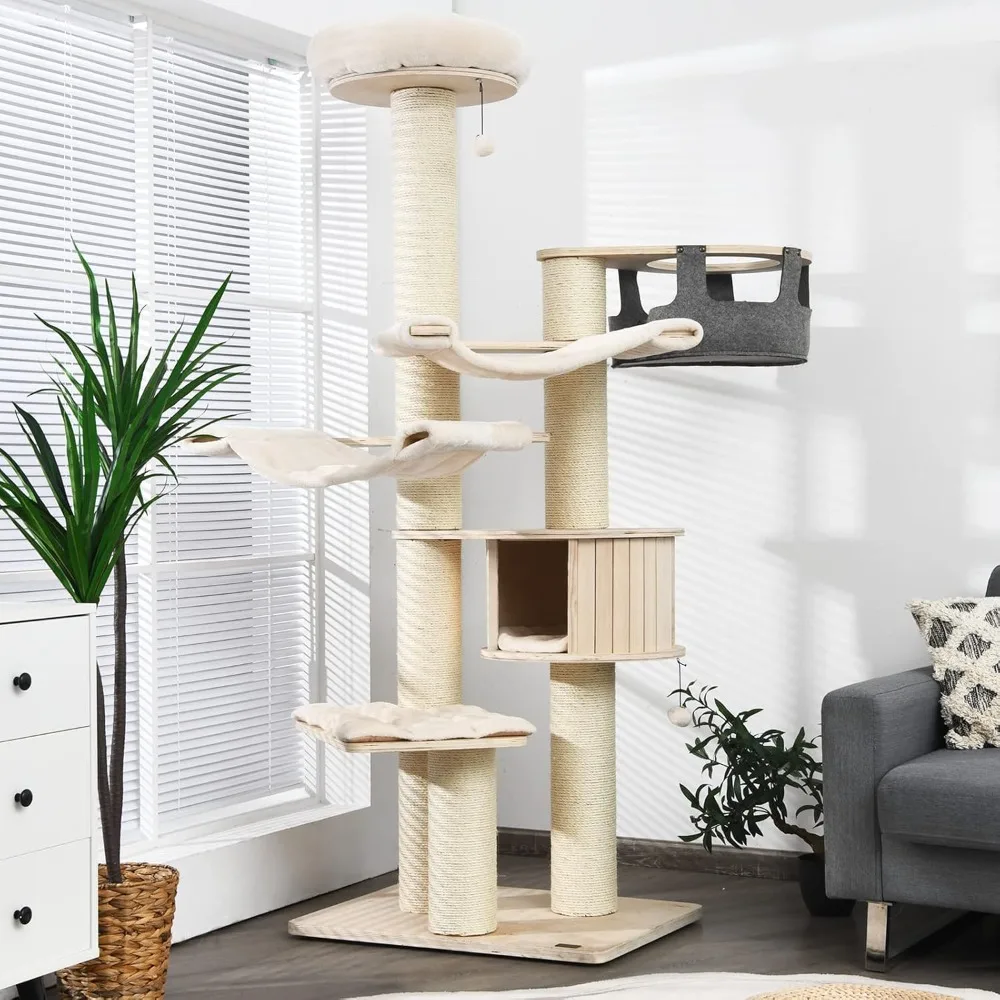 

Large Cat Tree, Multi-Level Tall Cat Tower with Sisal Scratching Posts, Hammocks, Hanging Basket, Cat Condo and Removable
