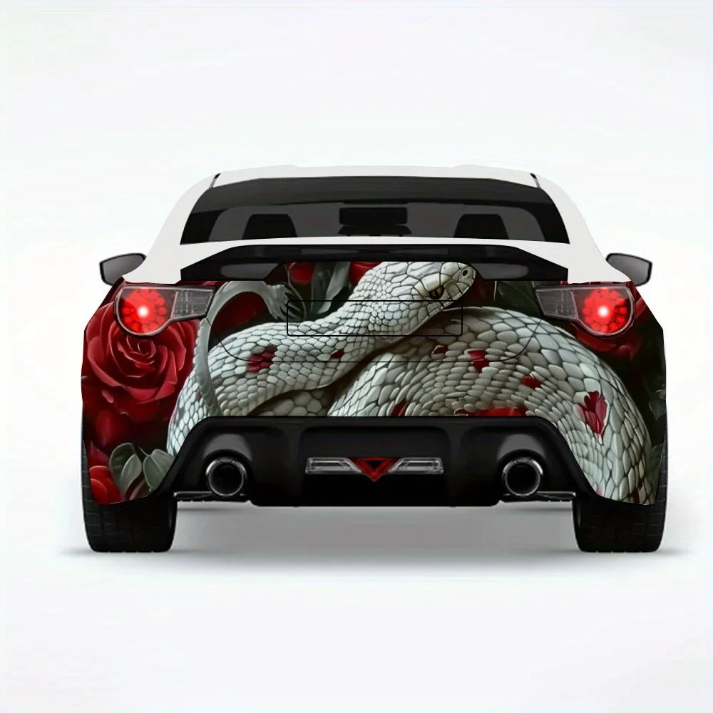 

Белая змея, спиральная вокруг моря красных роз, автомобильная наклейка, виниловая наклейка на заднюю часть автомобиля, водонепроницаемые самоклеящиеся виниловые наклейки