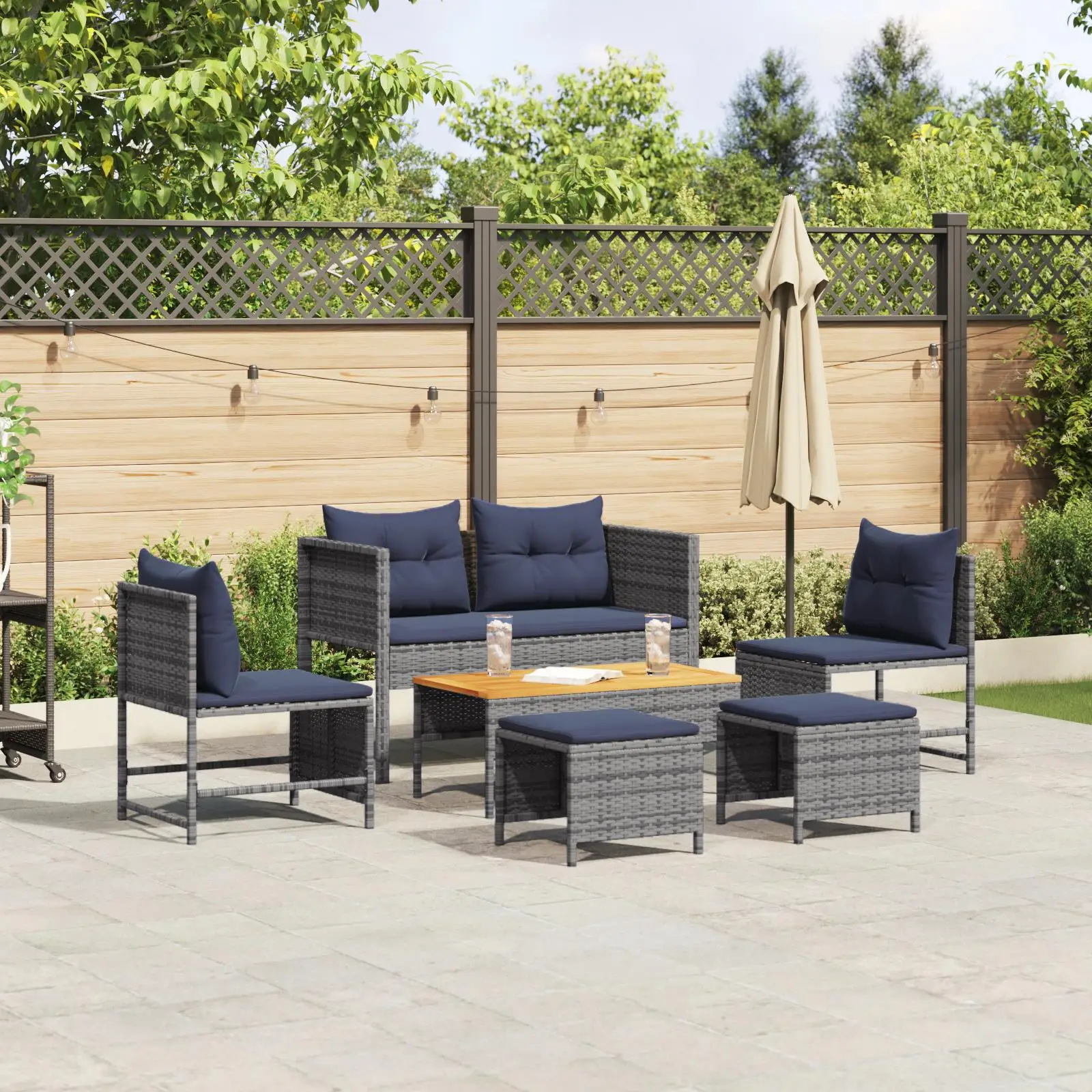 

Stylish Grey and Navy Blue Rattan Outdoor Sofa Set with Durable Metal Frame for Patio Garden Balcony Use