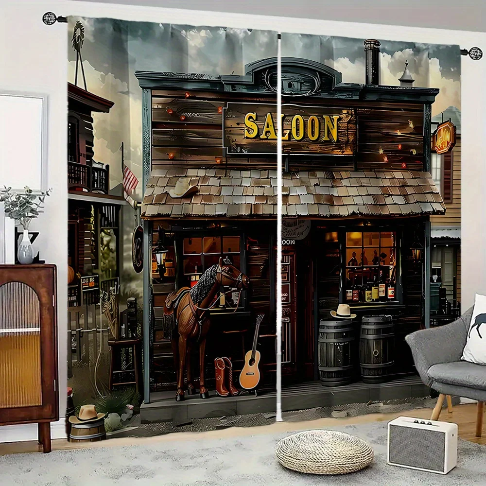 Western Saloon Curtain, Vintage Wild West Bar Window Drape, Cowboy Horse Guitar Decor for Man Cave, Rustic Home Textile Fabric