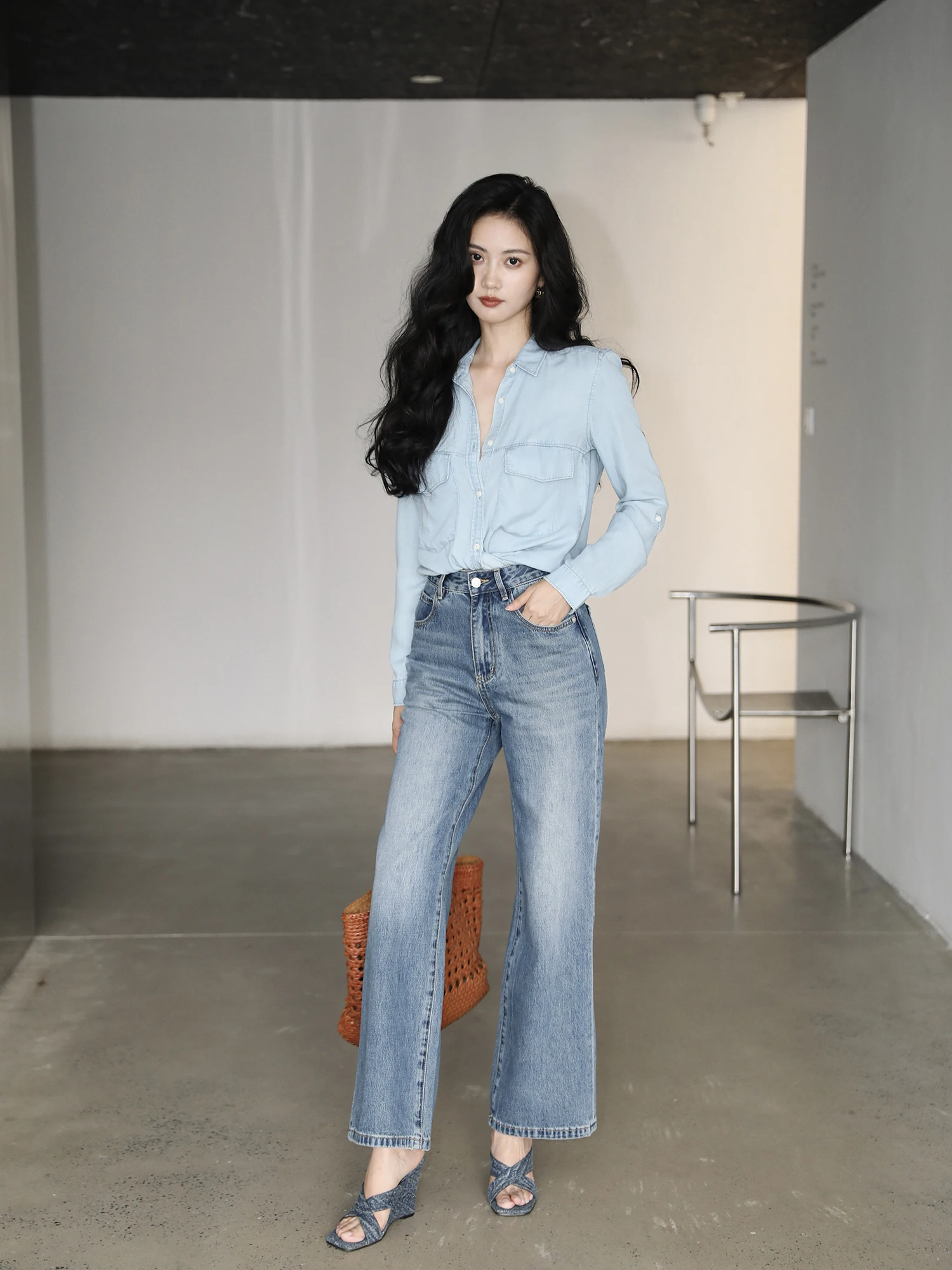 

Taiyang Office High Waist Straight Leg Blue Denim Pants Women Summer Commute Vintage Wide Leg Trousers Long Pants