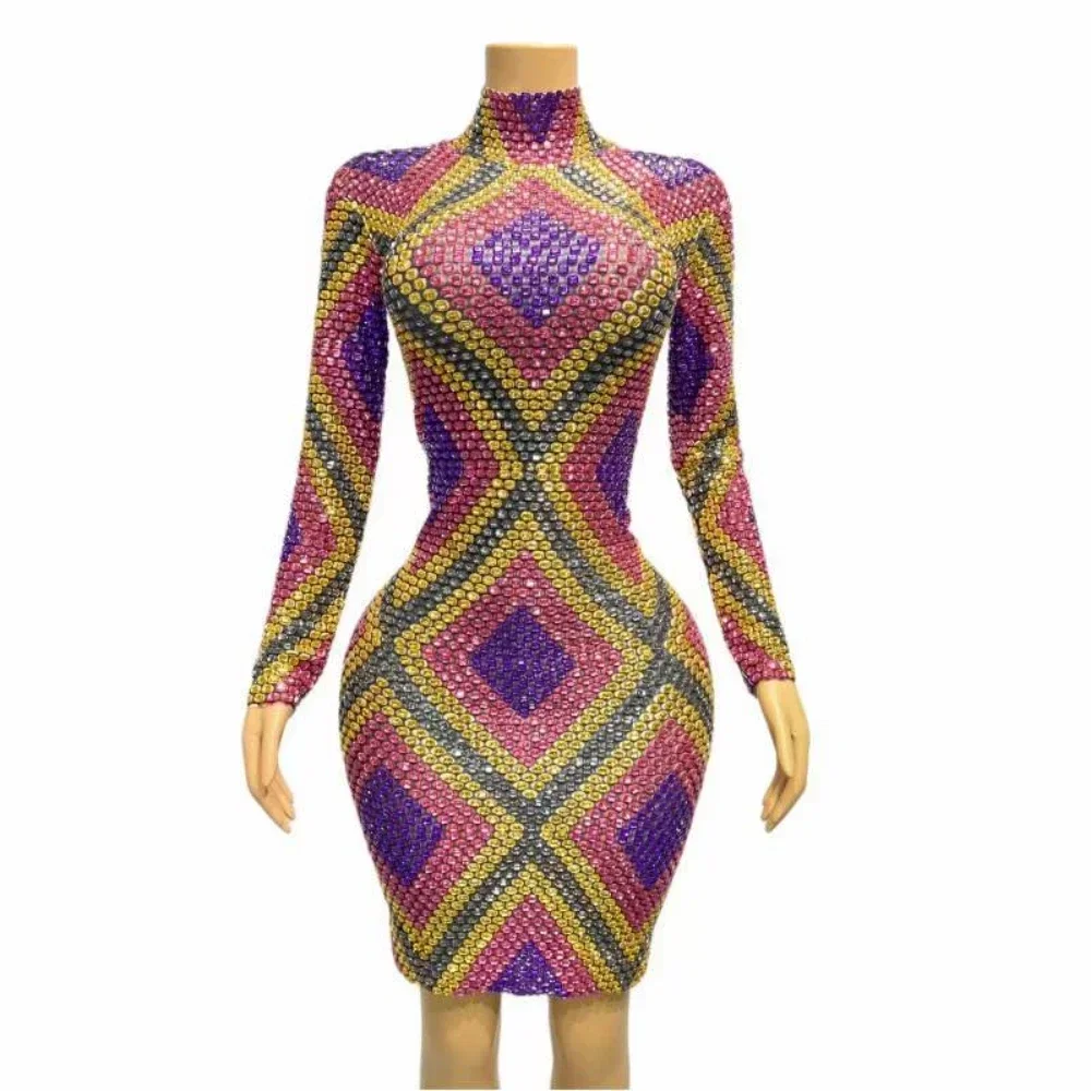 

Bling Bling Long Sleeve Women Short Dress Rhinestone Drag Queen Outfit Birthday Stage Performance Costume Celebrate 2023