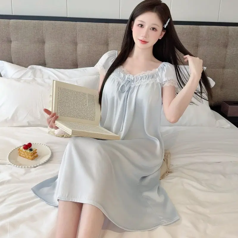 

2026 Summer Short Sleeve Slash Neck Ice Silk Sexy Lace Lingerie Nightgown For Women Cute Sleepwear Night Dress Nightdress Nighty