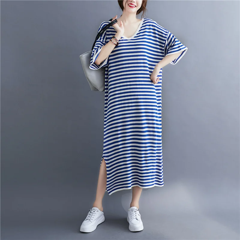 Robe t-shirt à manches courtes et col en v pour femme, vêtement sexy à rayures bleues, élastique, fendue, longue, été, #3349