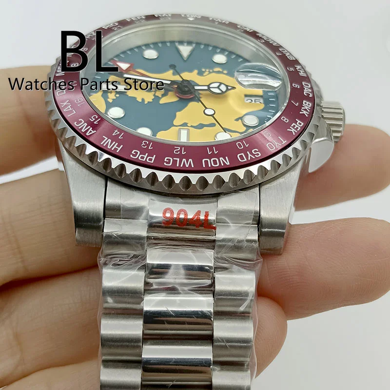 BLIGER 40mm NH34 GMT Automatic Watch For Men Red Alloy Bezel Blue Dial Super Full Luminous Sapphire Glass Steel Strap Date