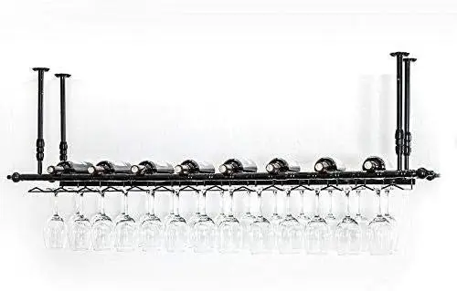 Hanging Bar Glass Rack&Hanging Bottle Holder Adjustable (Black)