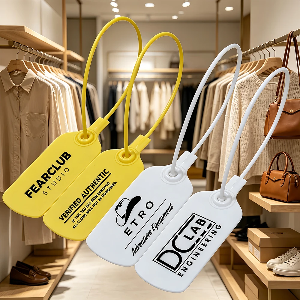100 Stück, individuell gestaltete Sicherheitsplomben aus Kunststoff mit Logo, personalisierte, große Anhängeretiketten für Kleidung, Schuhe und Taschen, 240 mm / 9,45 Zoll. – Detail 7