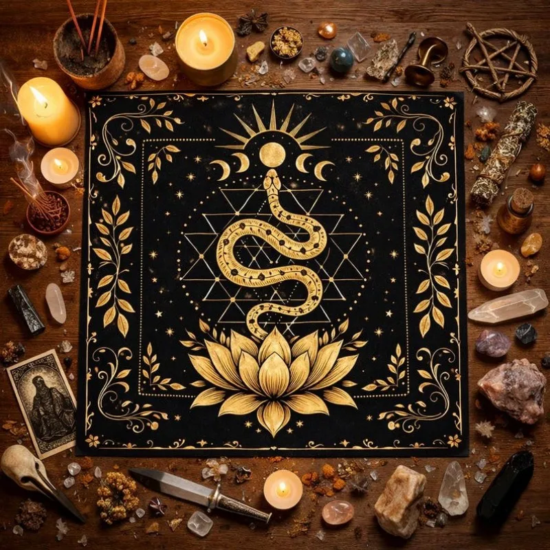 VIKAMA Black Golden Snake Lotus Tarot Card Manhole Cloth, Witchcraft Divination Tablecloth, Sun And Moon Ceremony Decoration