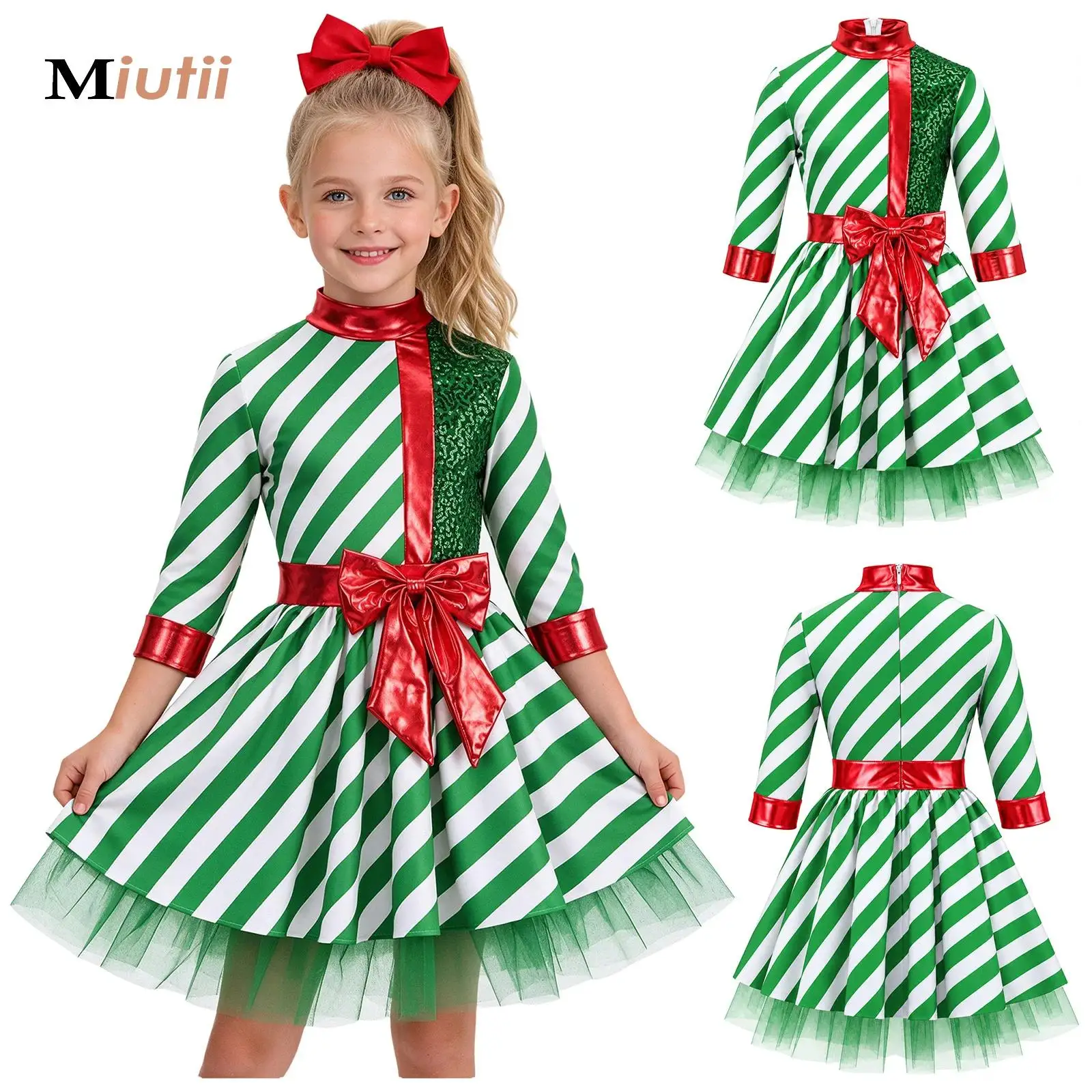 Girls Christmas Candy Cane Costume Shiny Sequins Striped Mesh Skating Ballet Dance Dress Leotard Tutu Bowknot Striped Dress