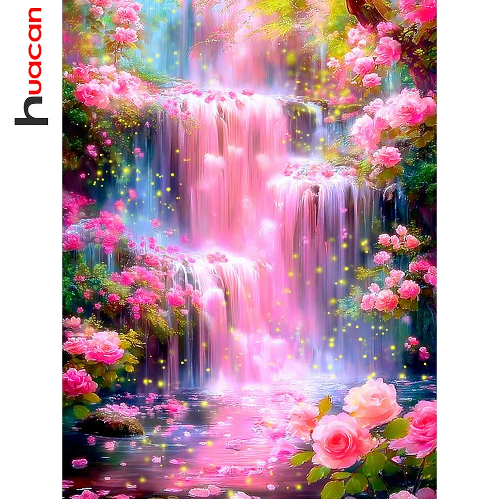 Huacan Vollständiges Diamant-Malset Wasserfall-Rose Diamant-Mosaik Landschaft Blumen Komplettes Set Handgemachtes Geschenk