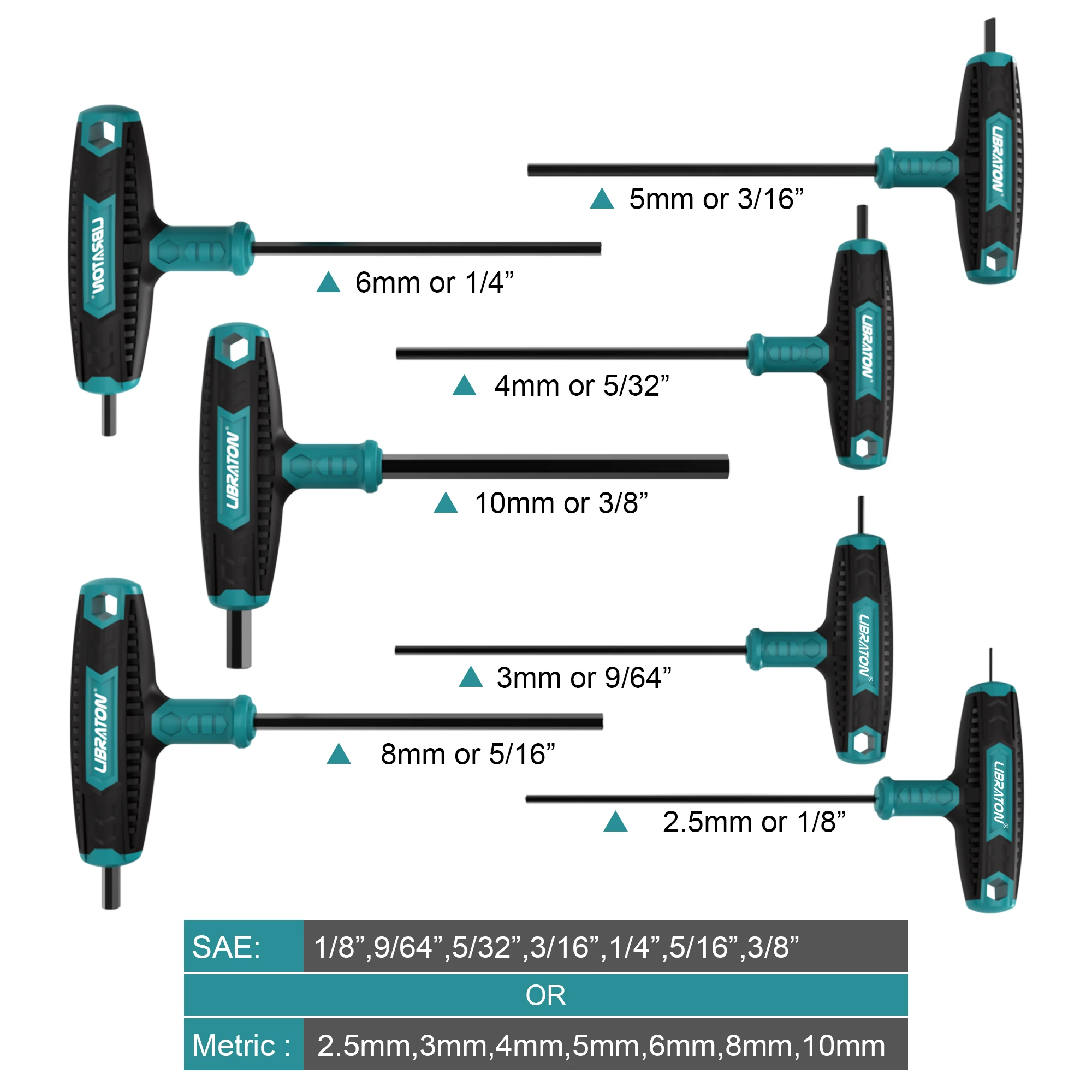 LIBRATON T 핸들 육각 키 세트, SAE 메트릭 T 핸들 알렌 렌치 세트, 양단 1/8 \