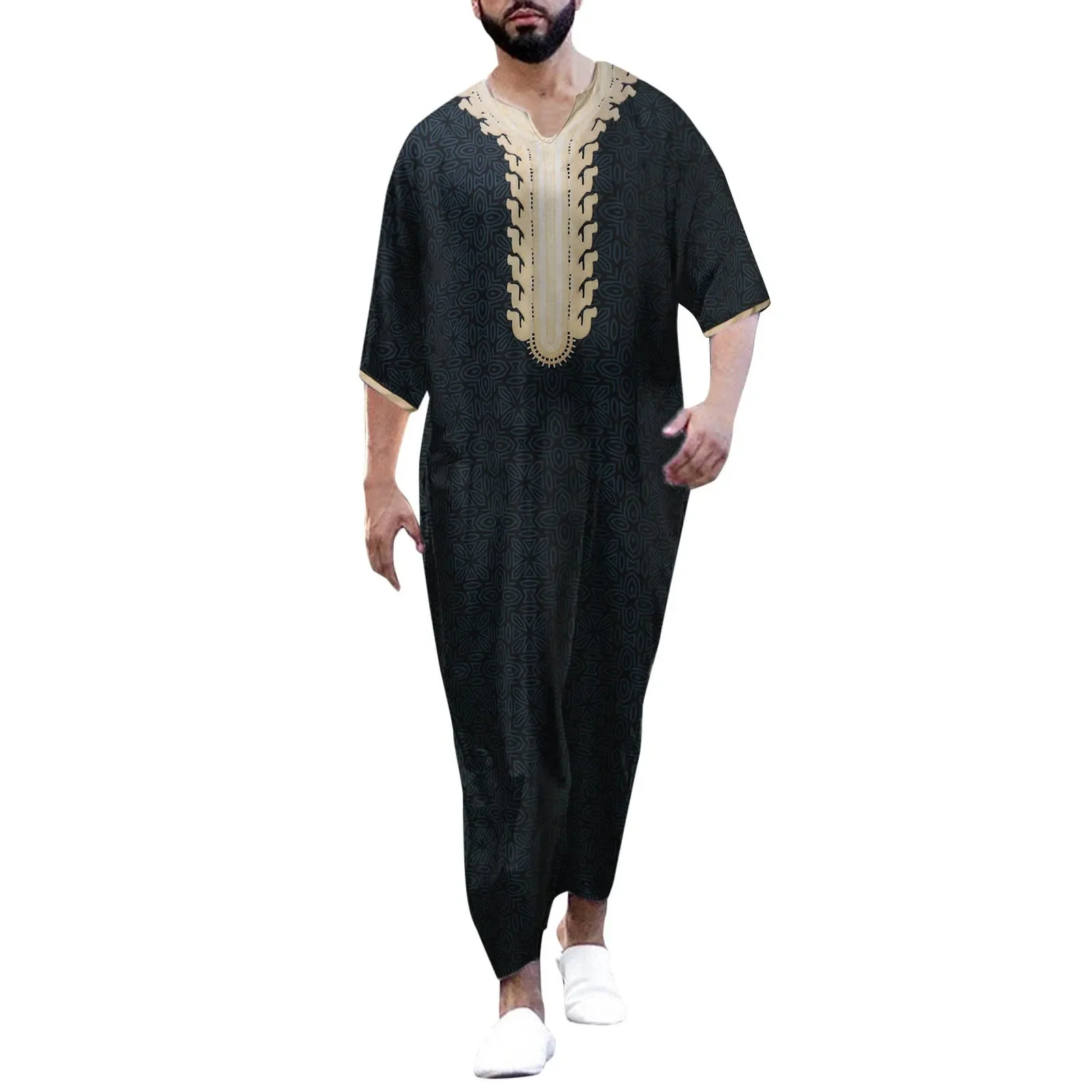 Vintage Embroidered Arab Robe Men\'s Muslim Clothing Solid Colour Large Size Islamic Robe Fashion Half Sleeve Muslim Tunic