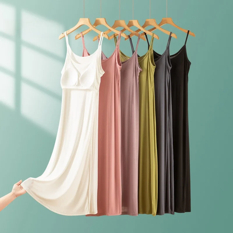 Summer Women's Sleep Dress with Chest Pad Thin Modal Home Skirt Mid-Length Slip Dress Large Size Underdress Simple Style