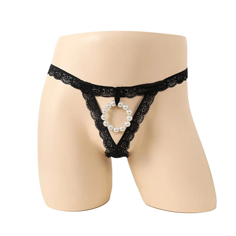 Men's sexy lace thong cut-out briefs o-shaped pearl stretch panties sissy same-sex see-through t-panties