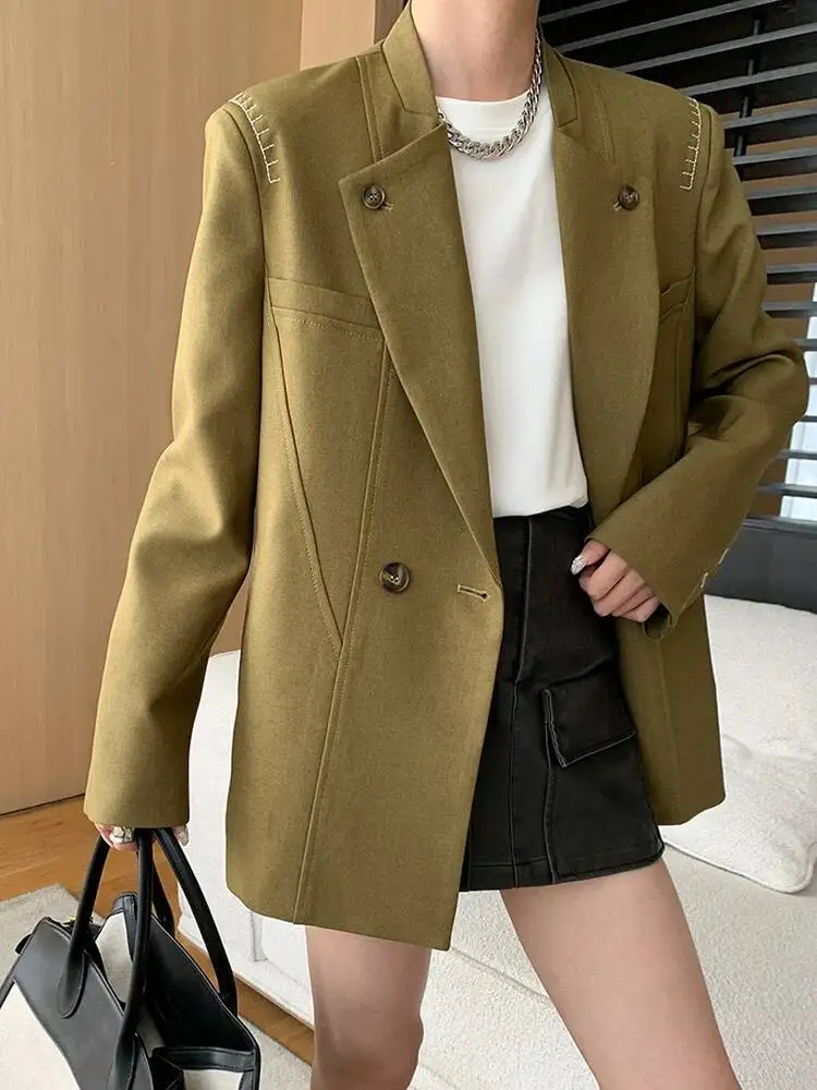 

Women Khaki Topstitched Big Size Elegant Blazer New Lapel Long Sleeve Jacket Fashion Tide Spring Autumn